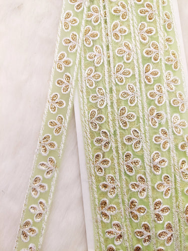 Wholesale Green Net Lace Floral Embroidery & Glitter Gold Sequins, Indian Wedding Border, Gifting Ribbon Costume Trim Fashion Trimming